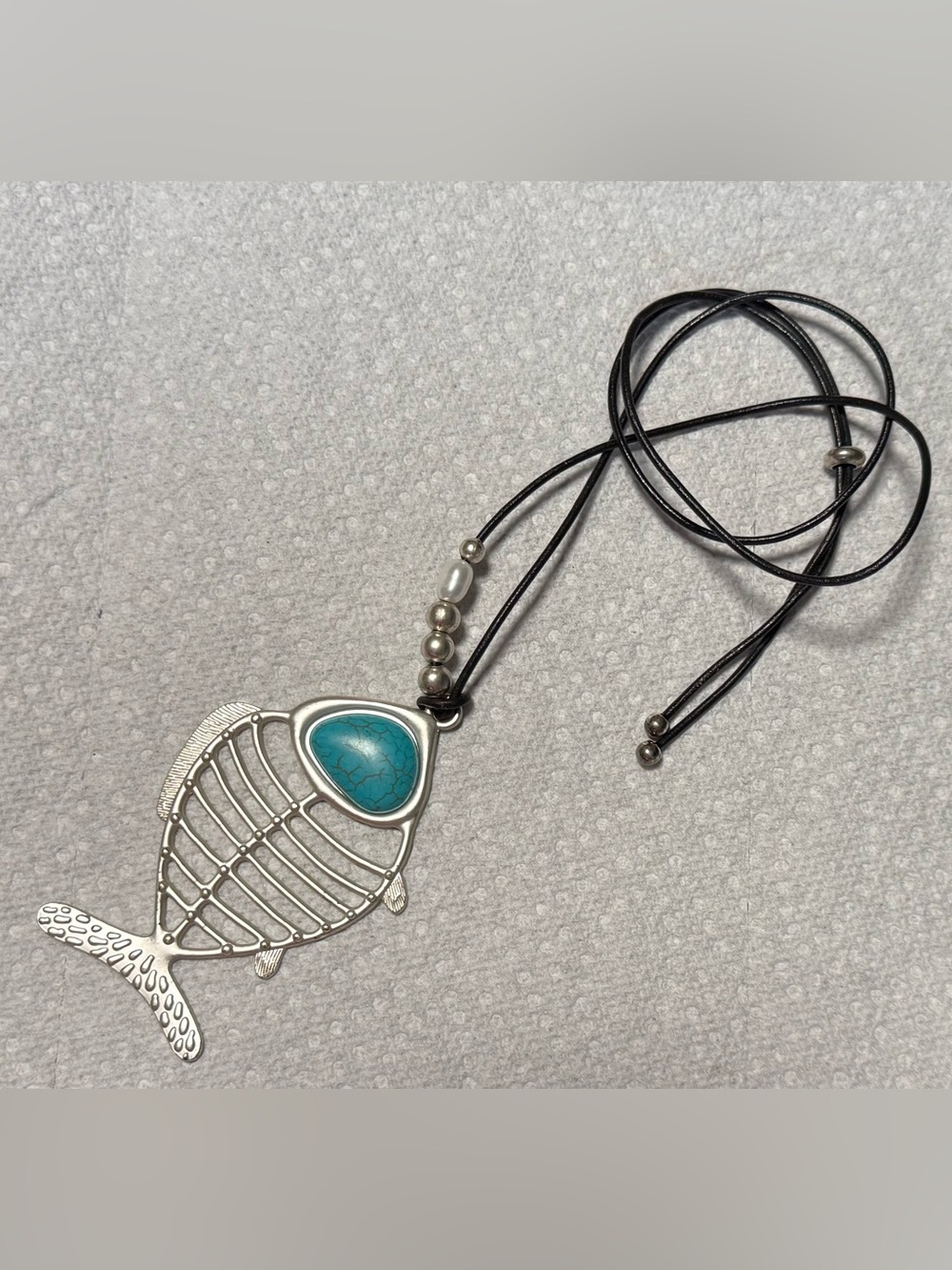 Turquoise Teardrop Fish Pendant Necklace - Blue Silver Accent